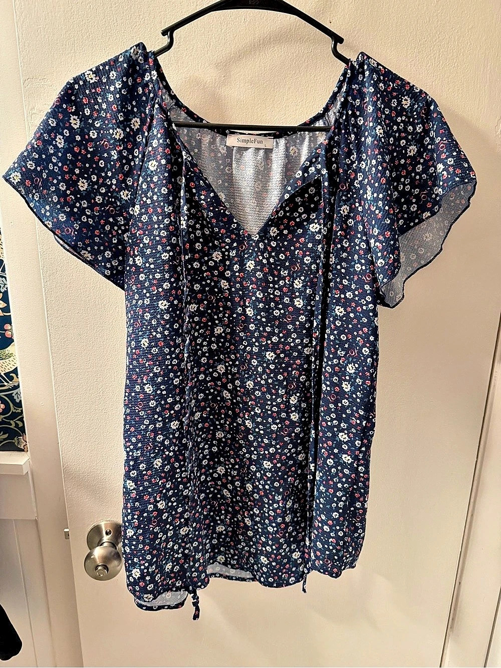 SimpleFun Women's Boho Floral V-Neck Short Sleeve Summer Blouse Blue &